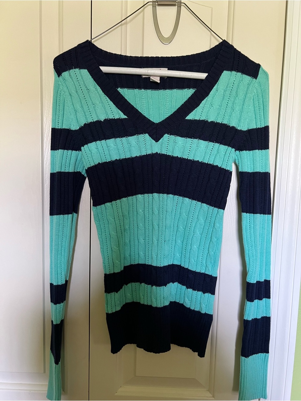 Arizona Jean Company Striped V-Neck Sweater in Aqua and Navy